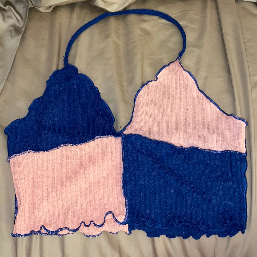 Shein Blue and Pink Lettuce Trim Halter top Medium